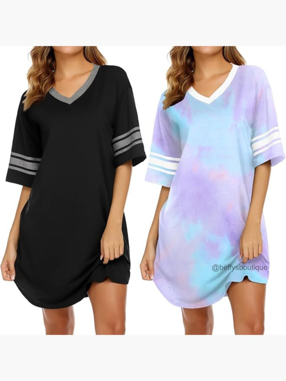 2 Pack Nightgowns Short Sleeve V Neck Sleepshirts Pajama Dress Soft Lightweight